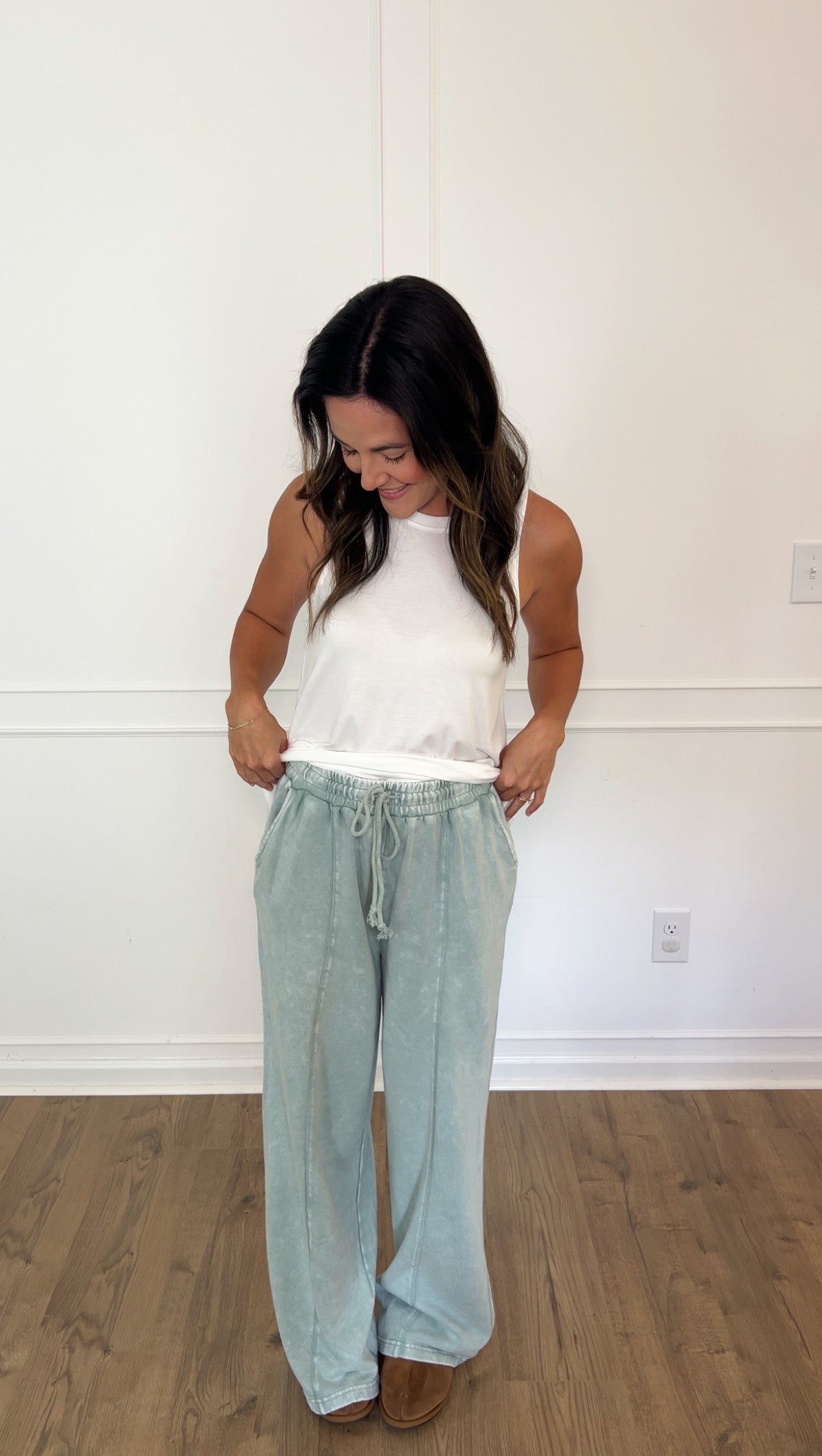 Acid Wash Wide-Leg Pants - Sage