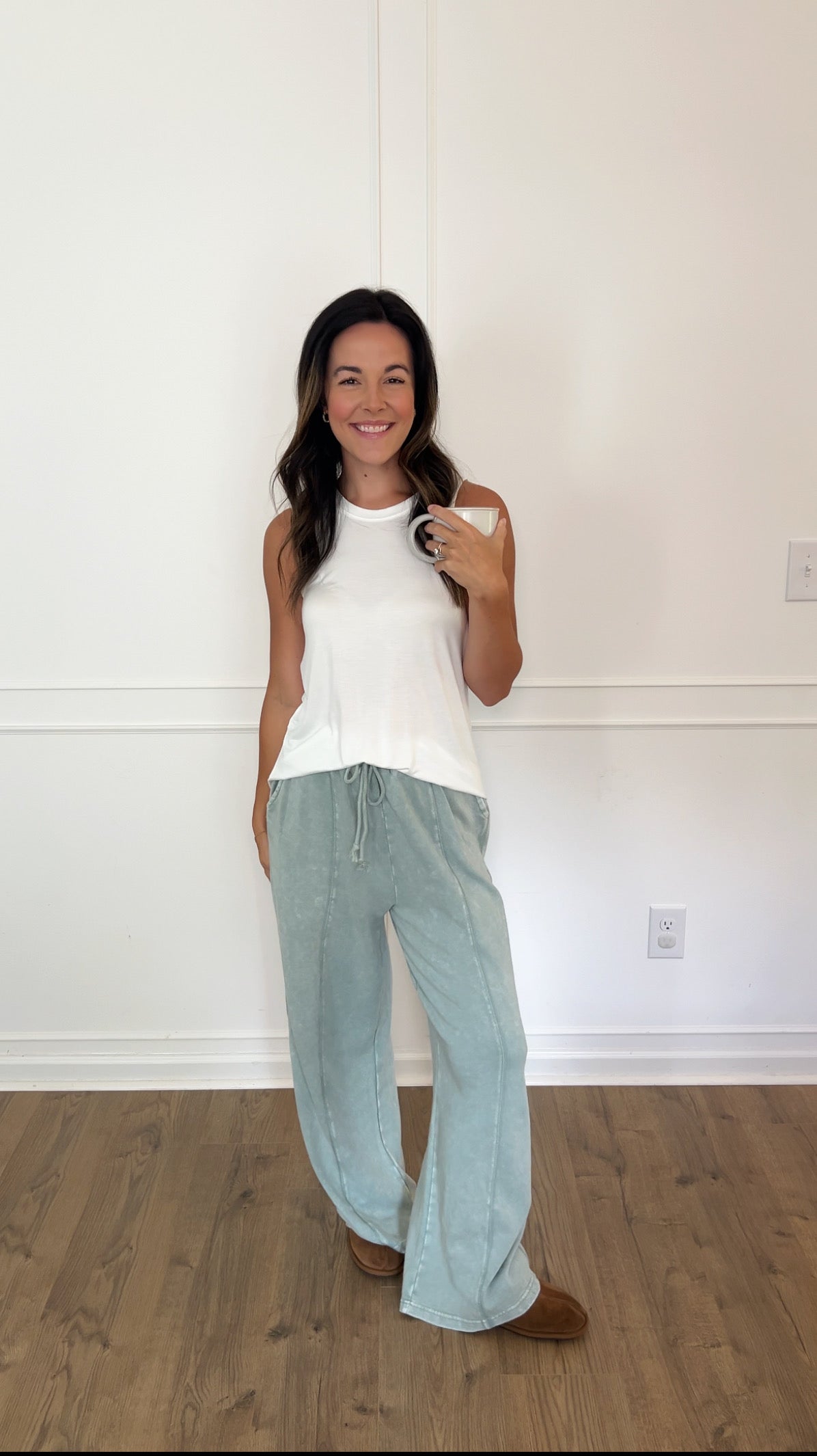 Acid Wash Wide-Leg Pants - Sage