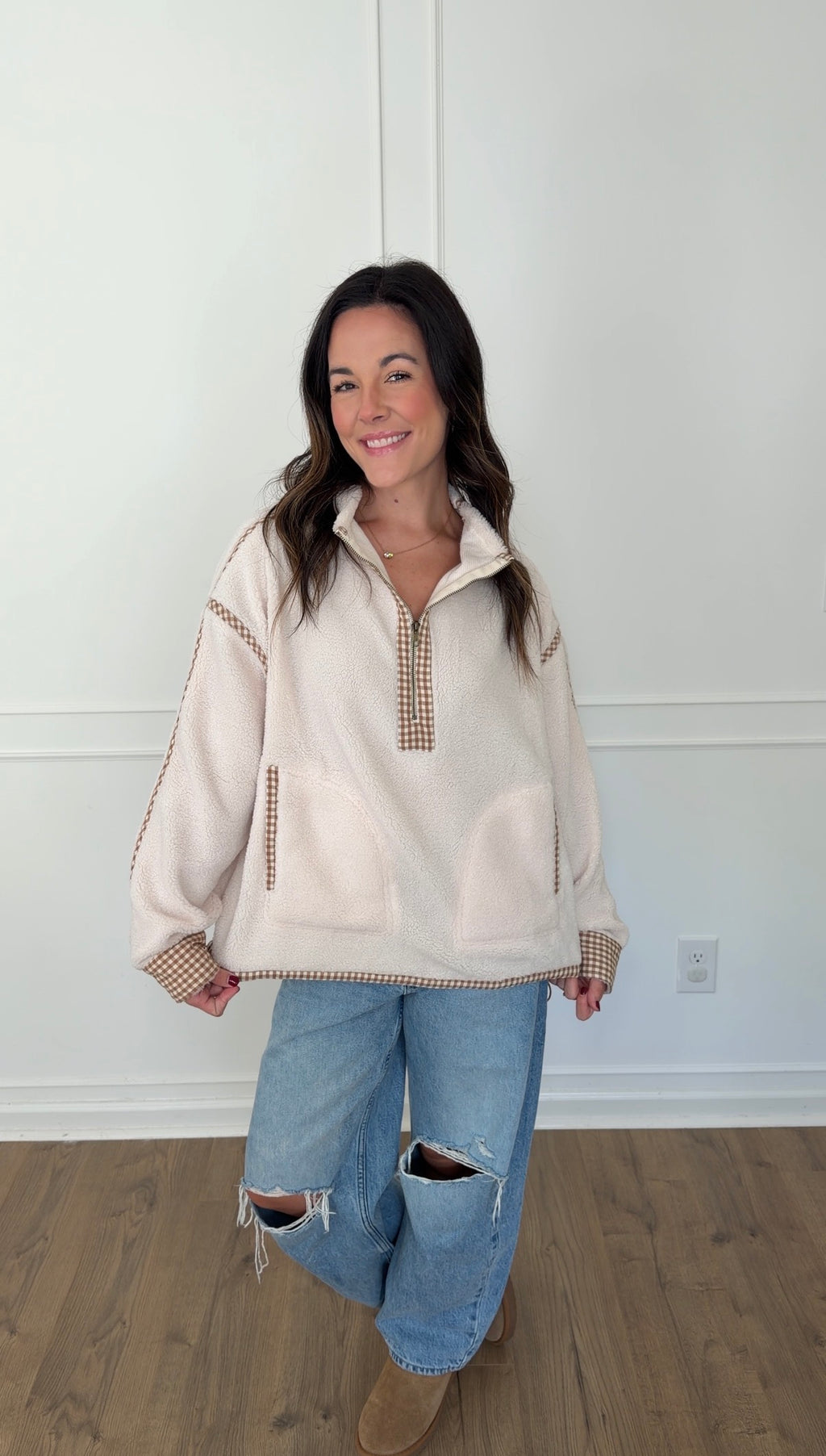 Gingham Trim Pullover - Cream