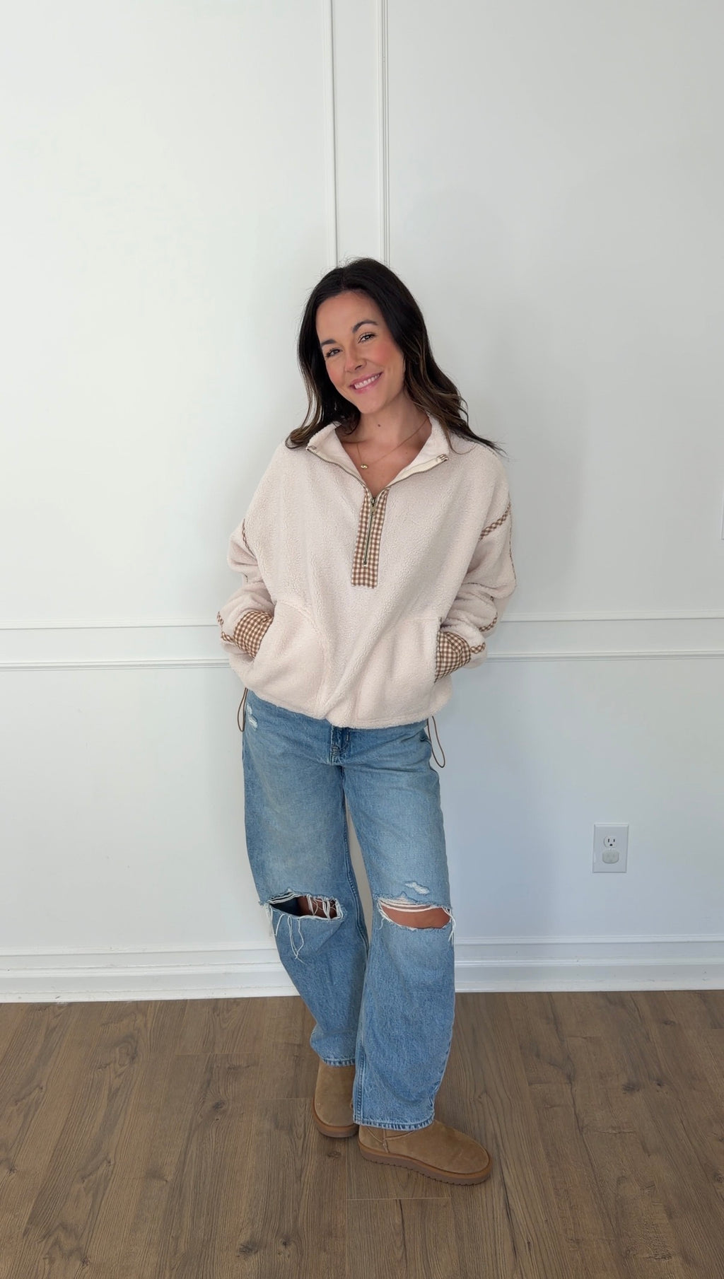 Gingham Trim Pullover - Cream
