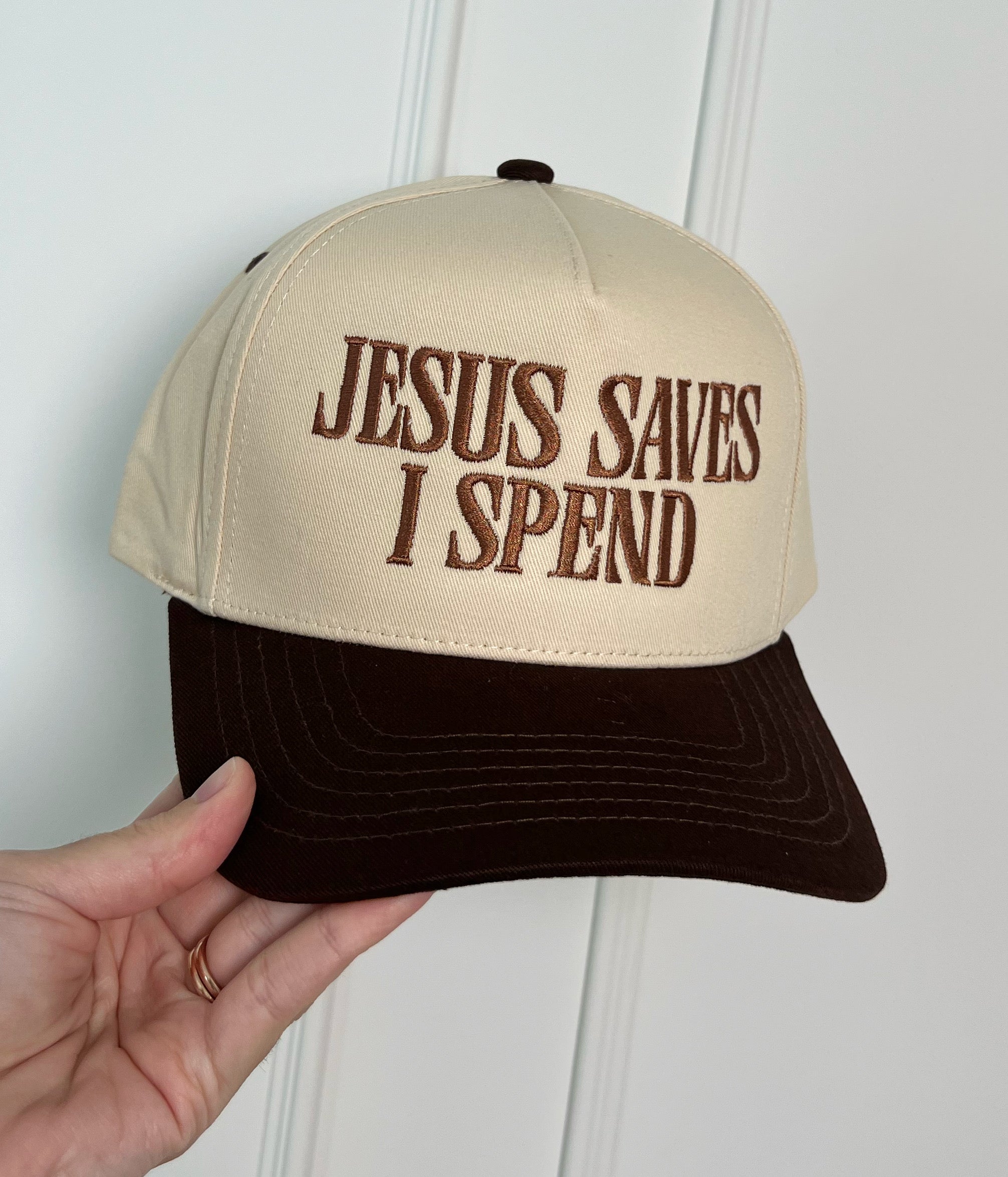 Jesus Saves I Spend Trucker Hat - Brown