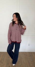 Henley Striped Sweater - Burgundy