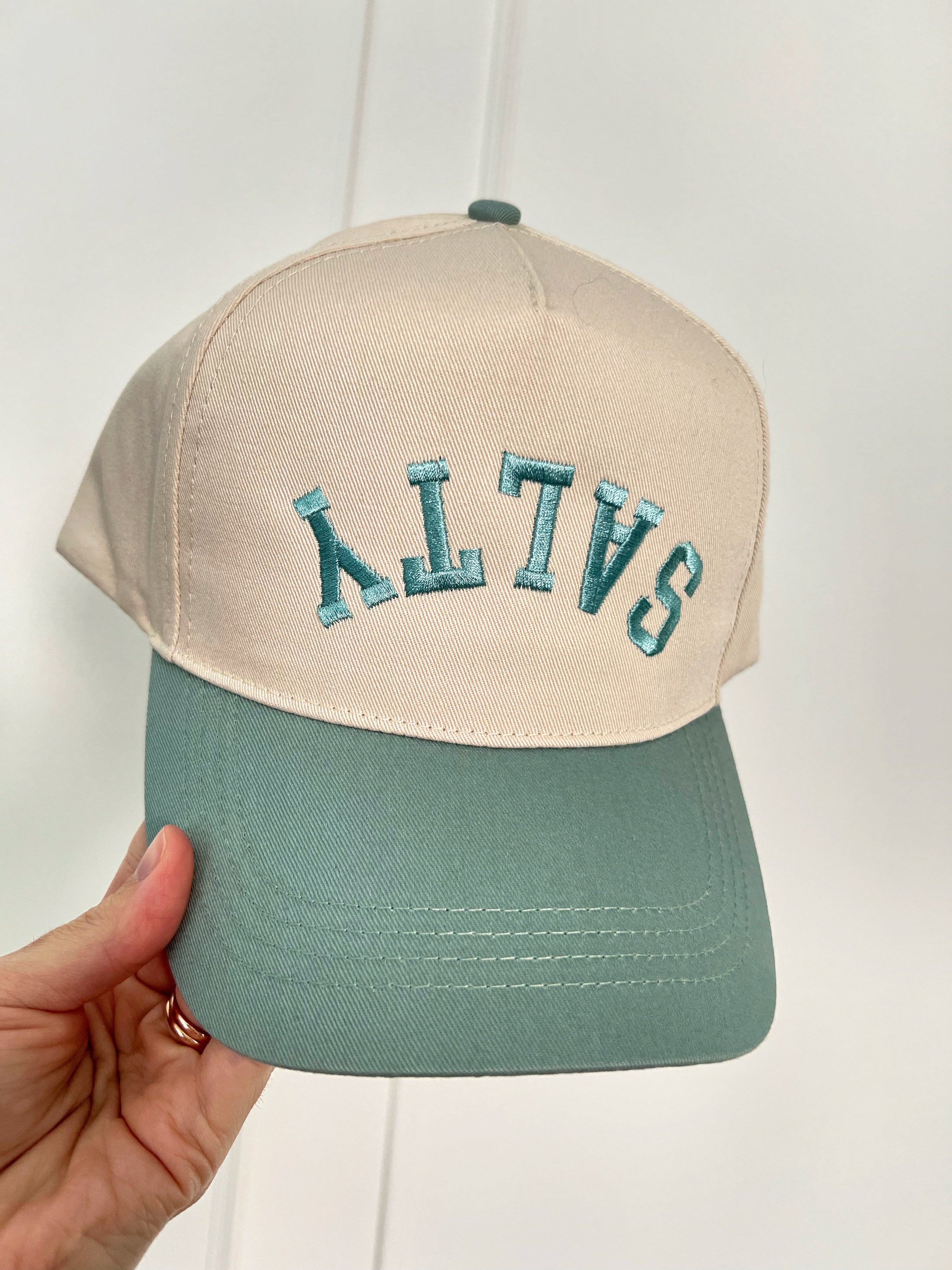 Salty Upside Down Embroidered Trucker Hat - Sage