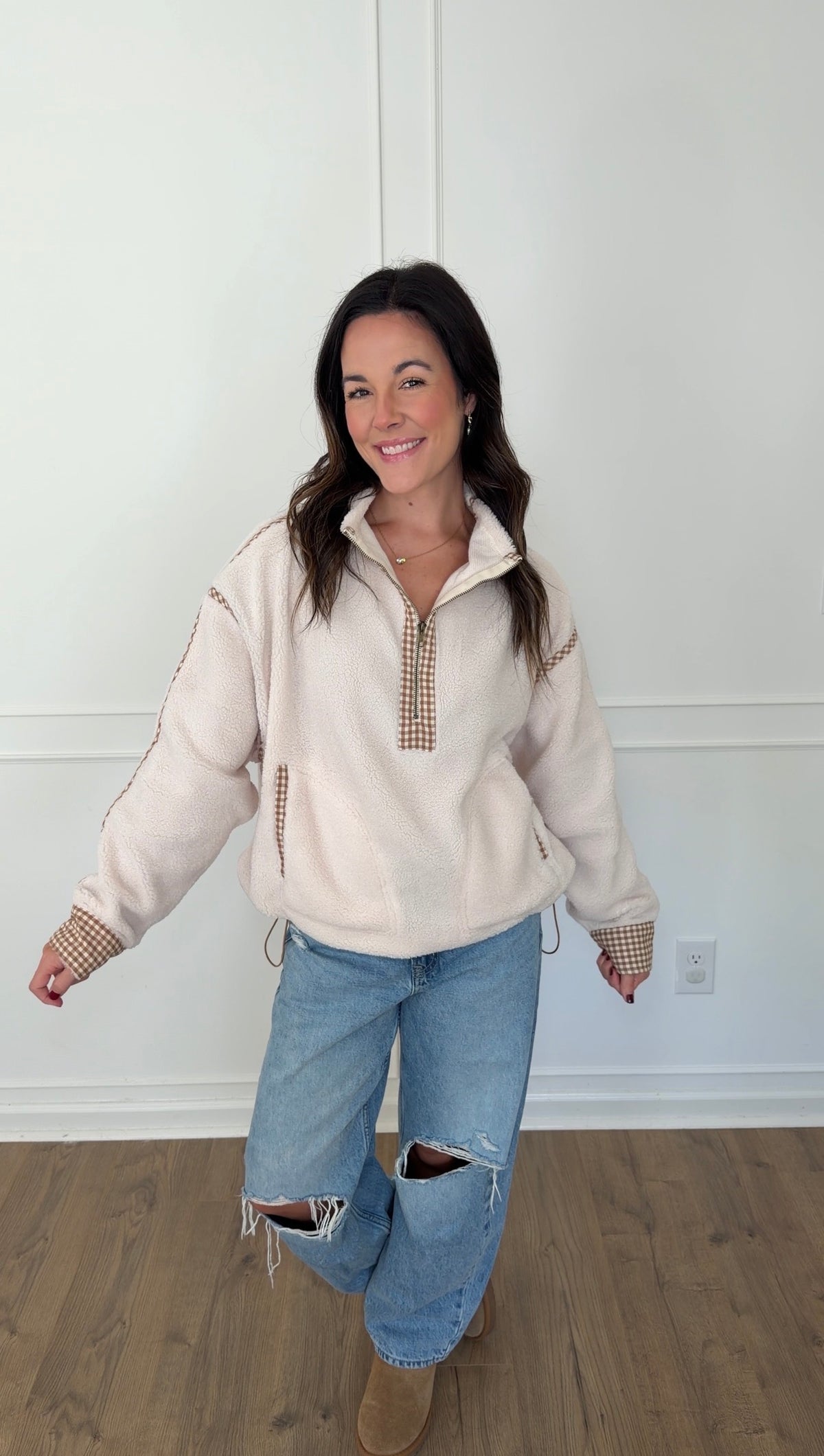 Gingham Trim Pullover - Cream