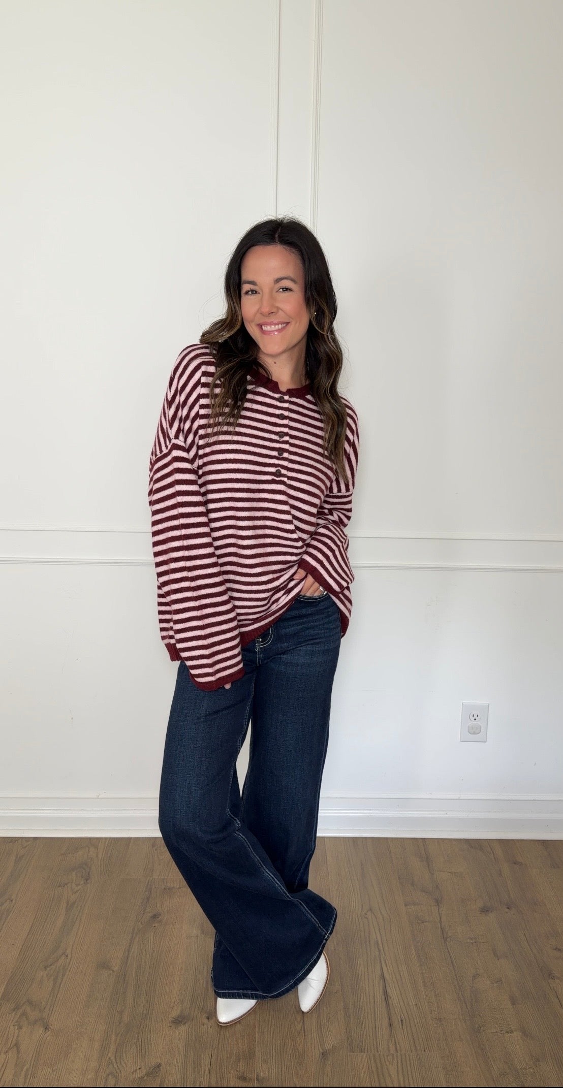 Henley Striped Sweater - Burgundy