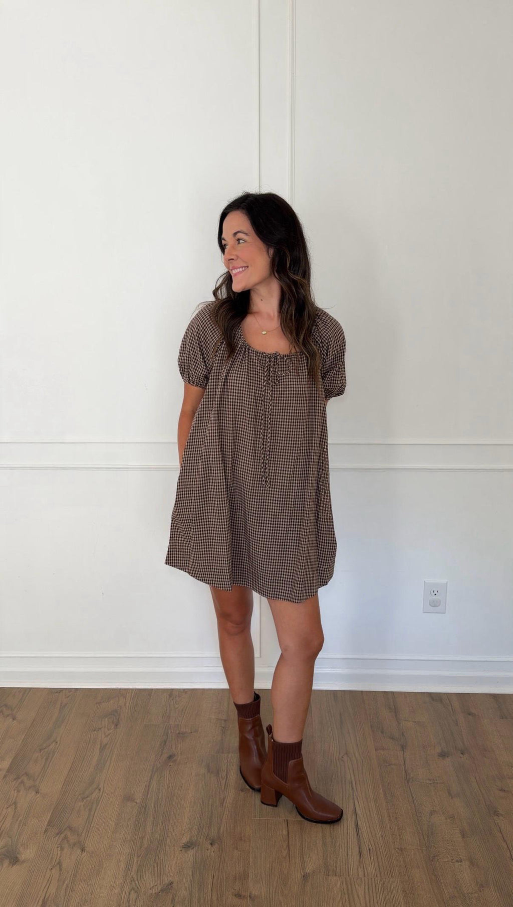 Gabby Gingham Puff Sleeve Mini Dress - Mocha