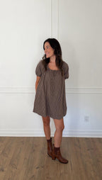Gabby Gingham Puff Sleeve Mini Dress - Mocha