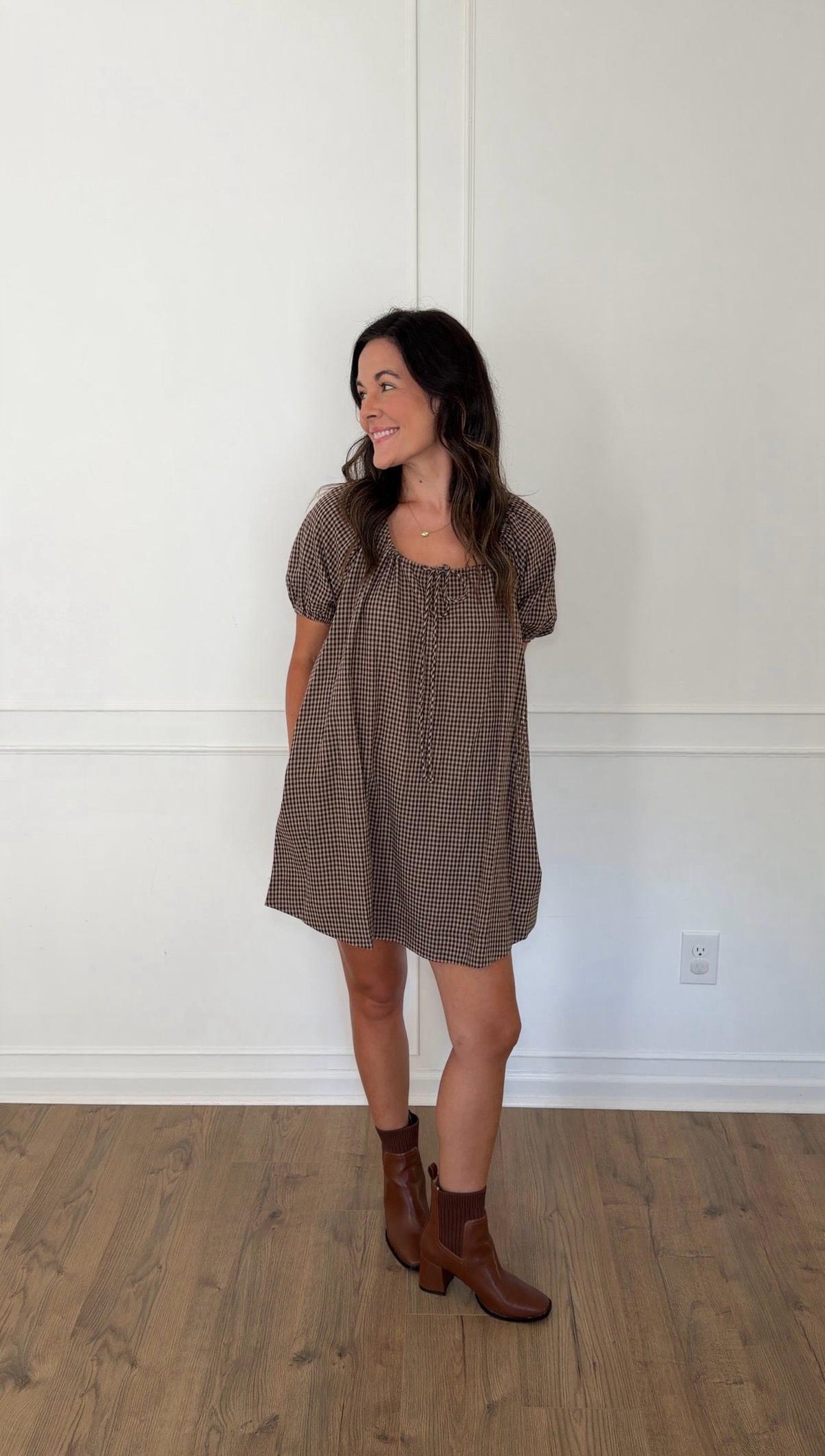 Gabby Gingham Puff Sleeve Mini Dress - Mocha