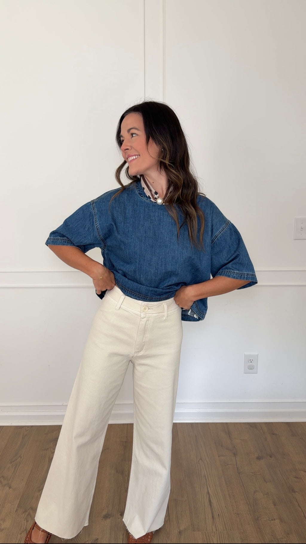 High Rise Wide Leg Denim Trousers - Ecru