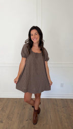 Gabby Gingham Puff Sleeve Mini Dress - Mocha