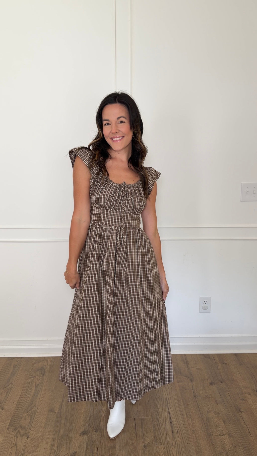 Taylor Checked Ruffle Midi Dress - Cocoa