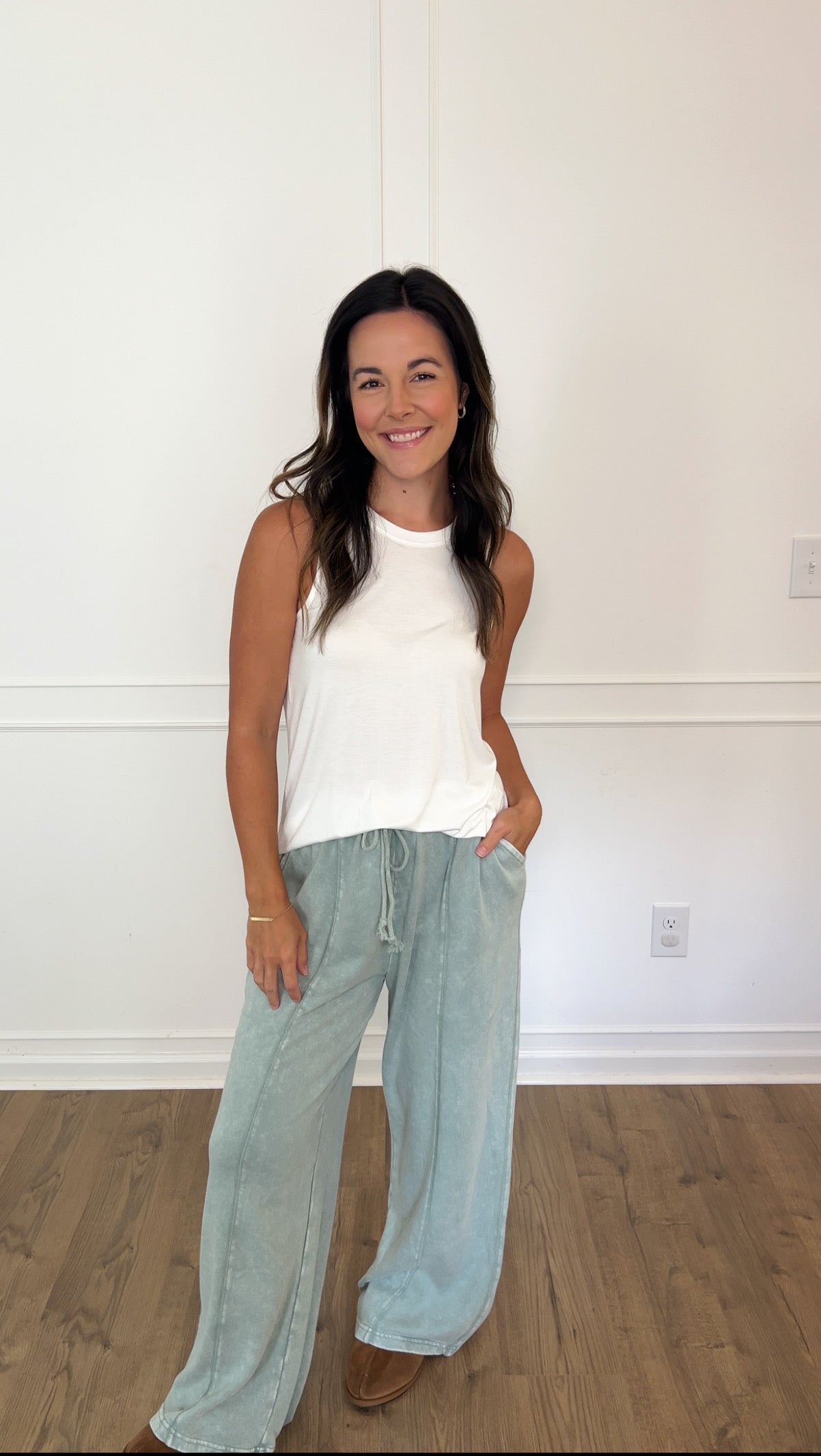 Acid Wash Wide-Leg Pants - Sage
