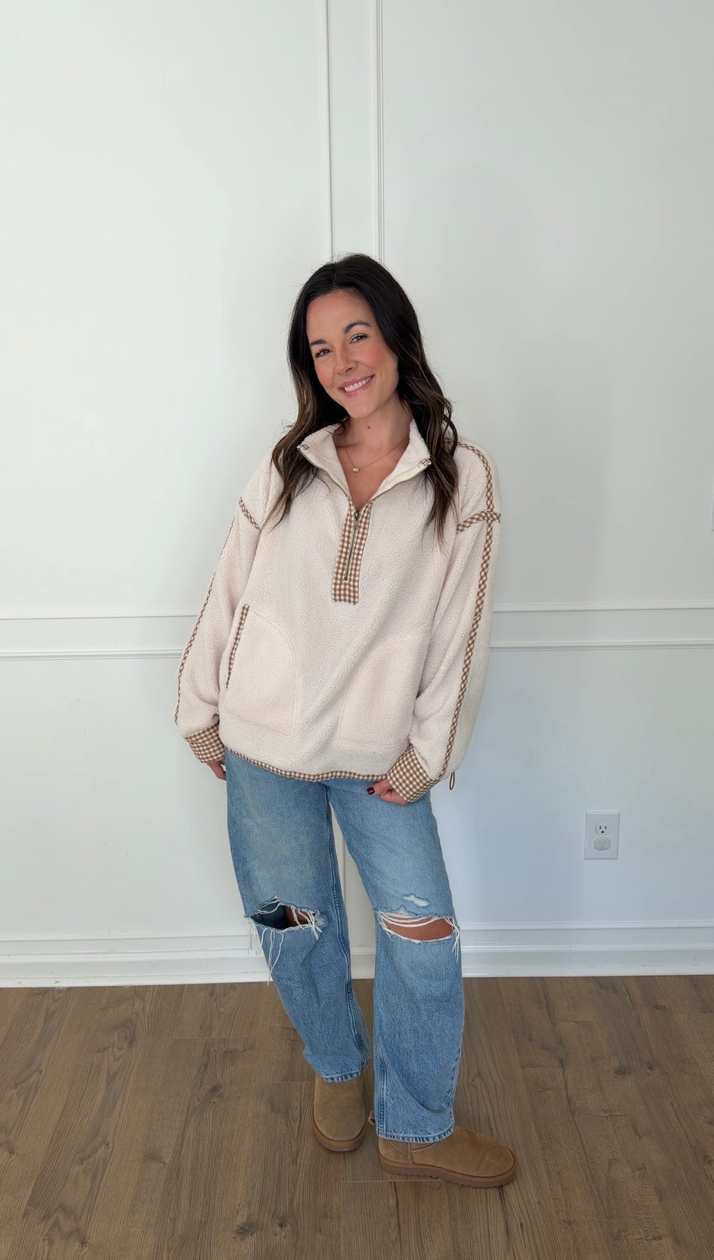 Gingham Trim Pullover - Cream