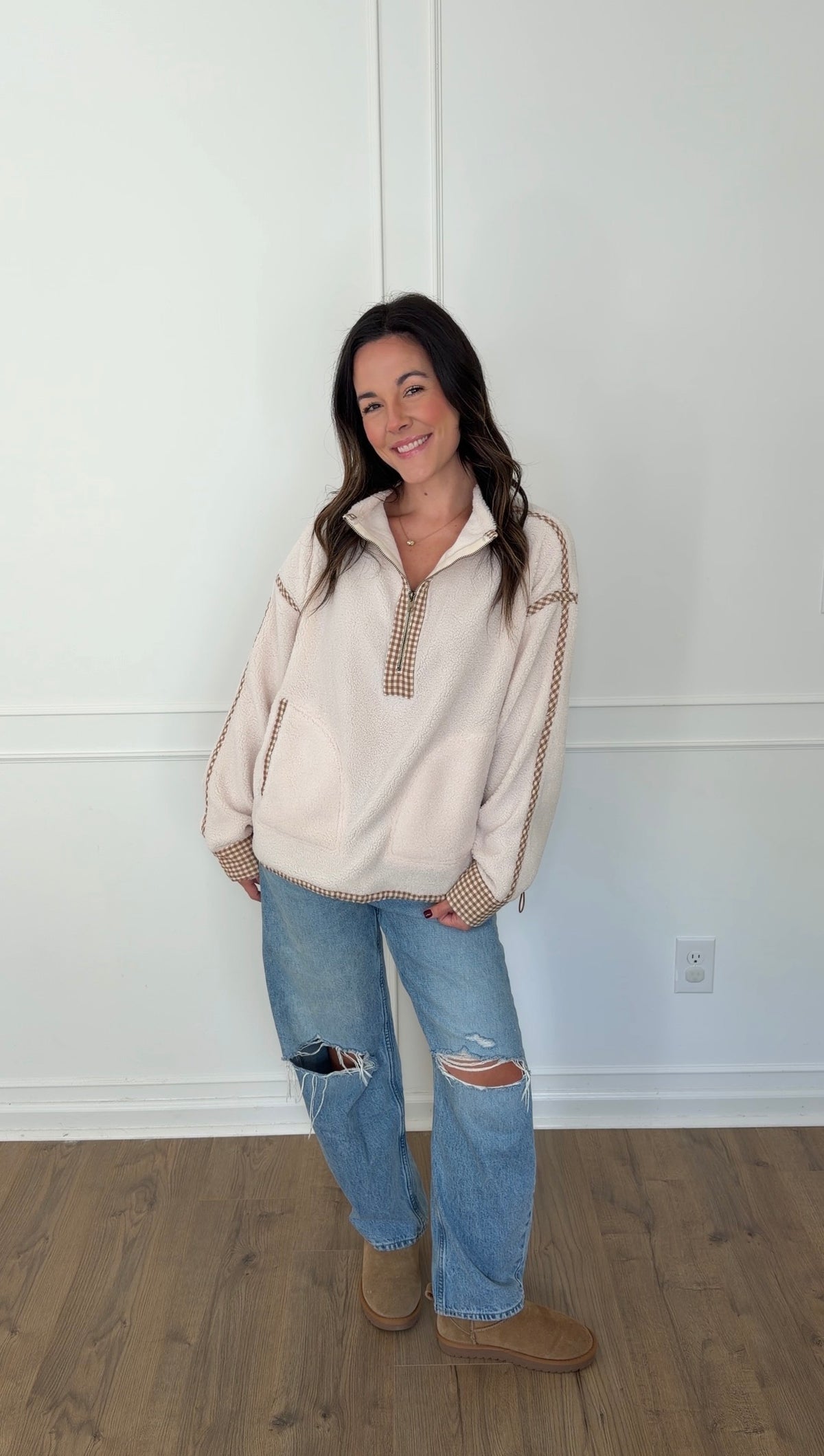 Gingham Trim Pullover - Cream