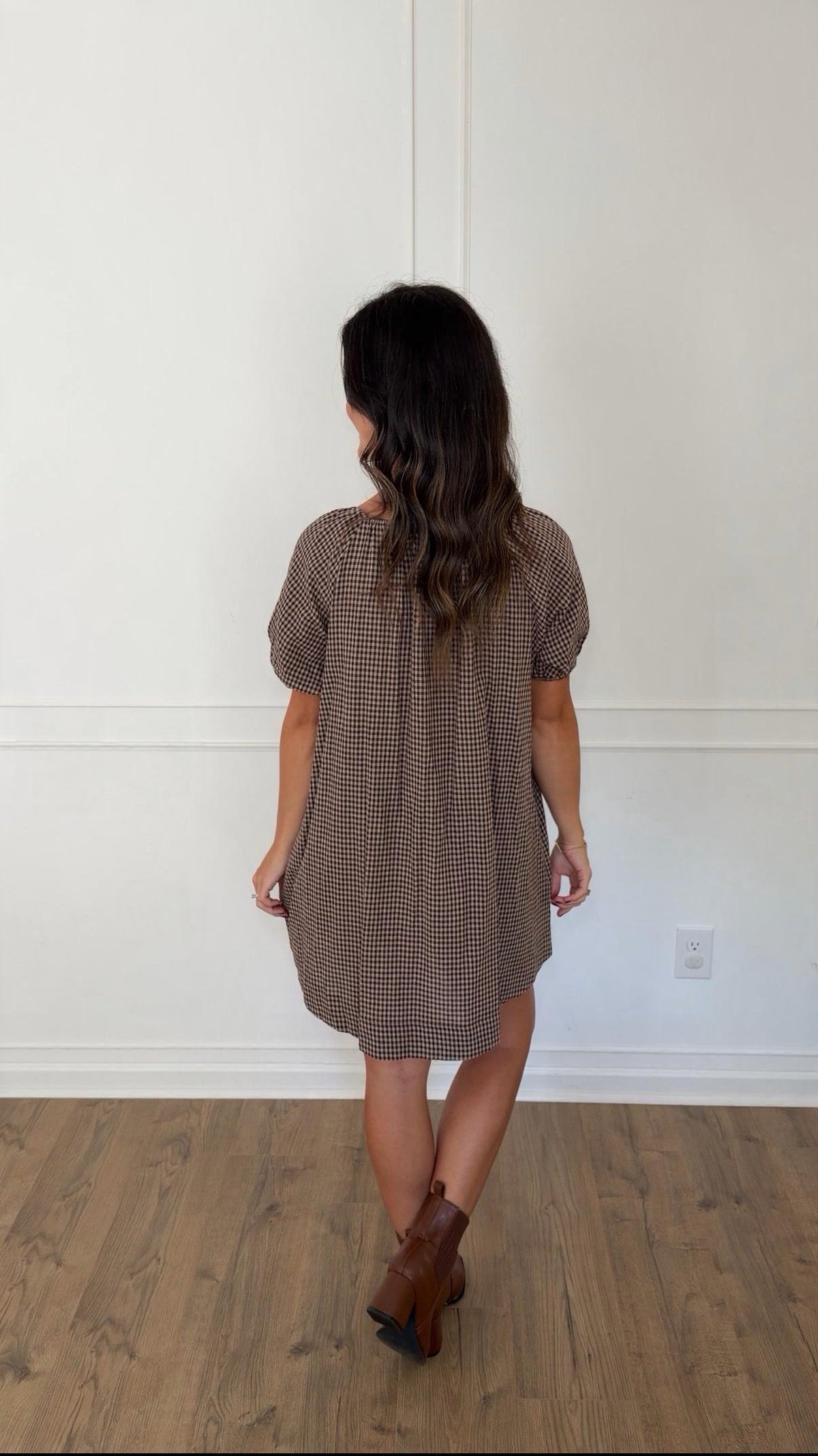 Gabby Gingham Puff Sleeve Mini Dress - Mocha