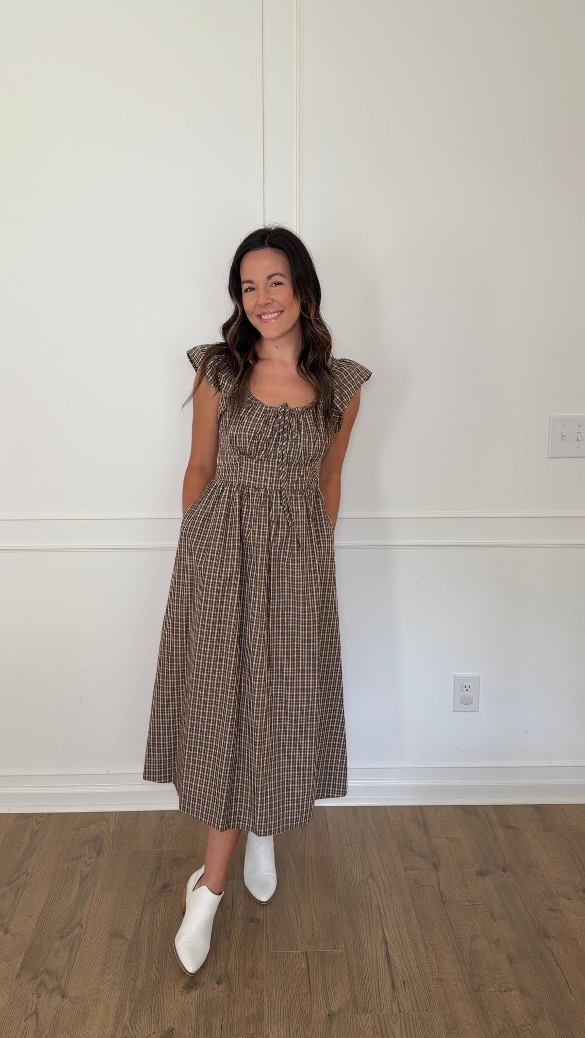 Taylor Checked Ruffle Midi Dress - Cocoa