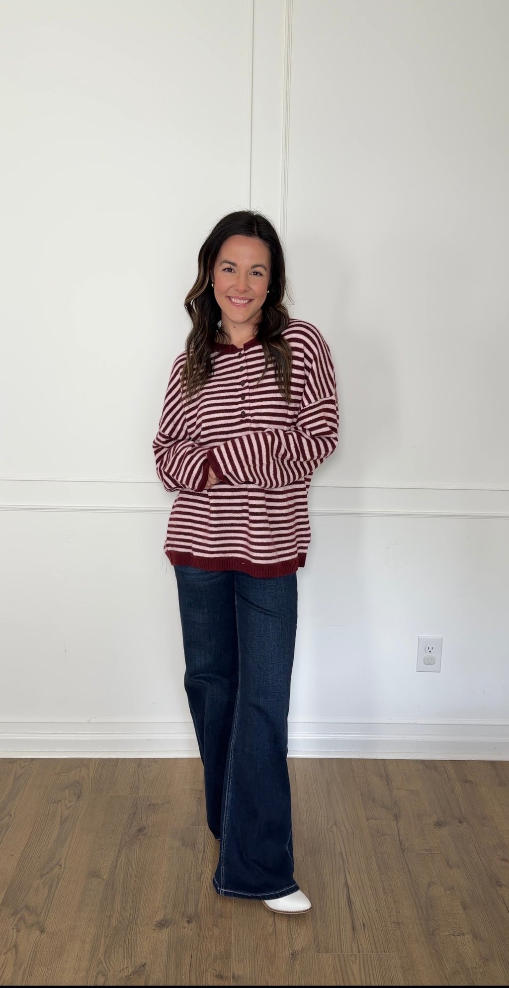 Henley Striped Sweater - Burgundy