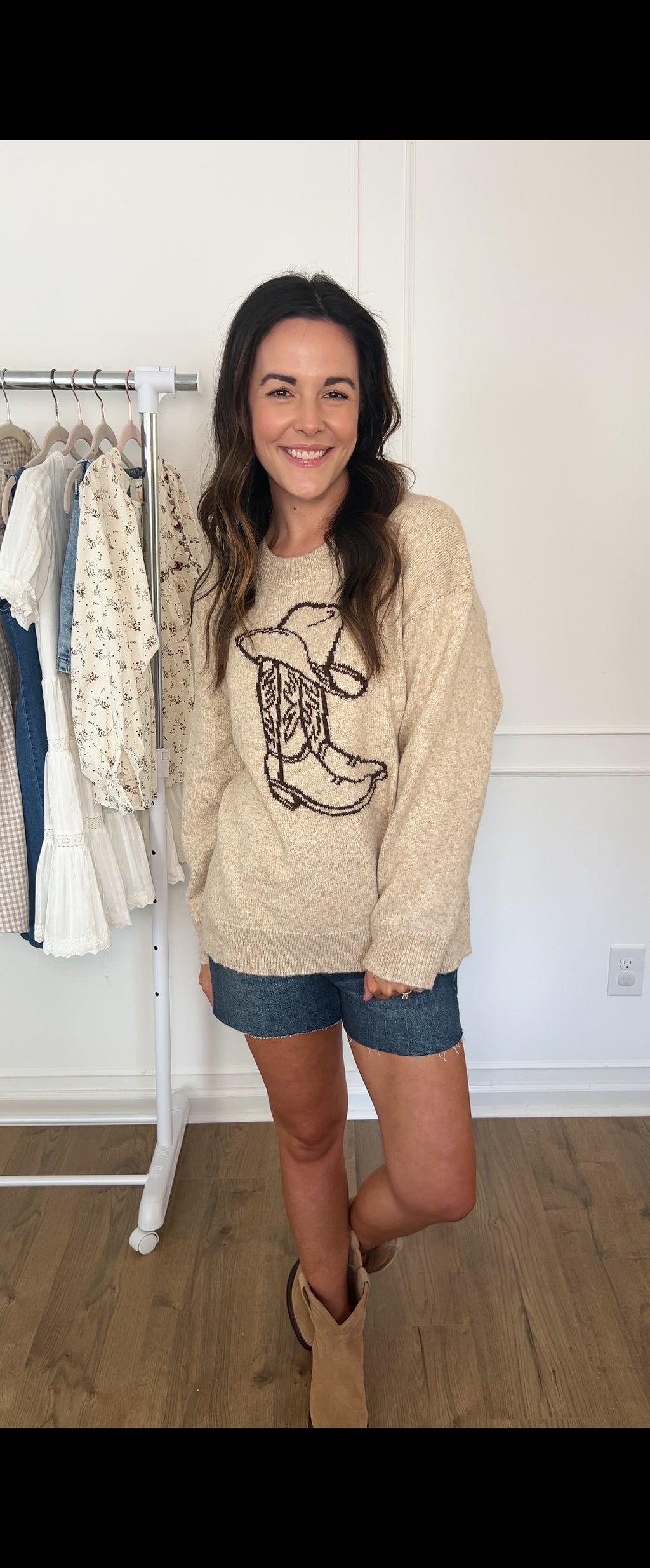 Cowboy Boot & Hat Sweater - Beige