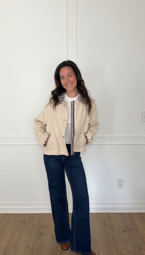 Canvas Twill Gingham Jacket - Oatmeal/Brown