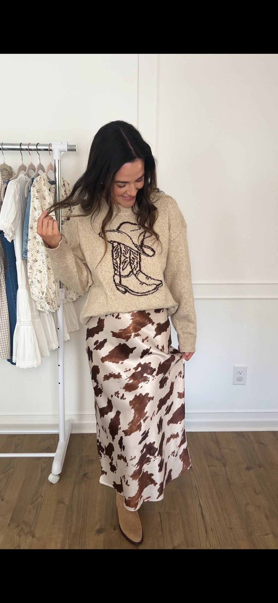 Woven Cow Print Satin Midi Skirt