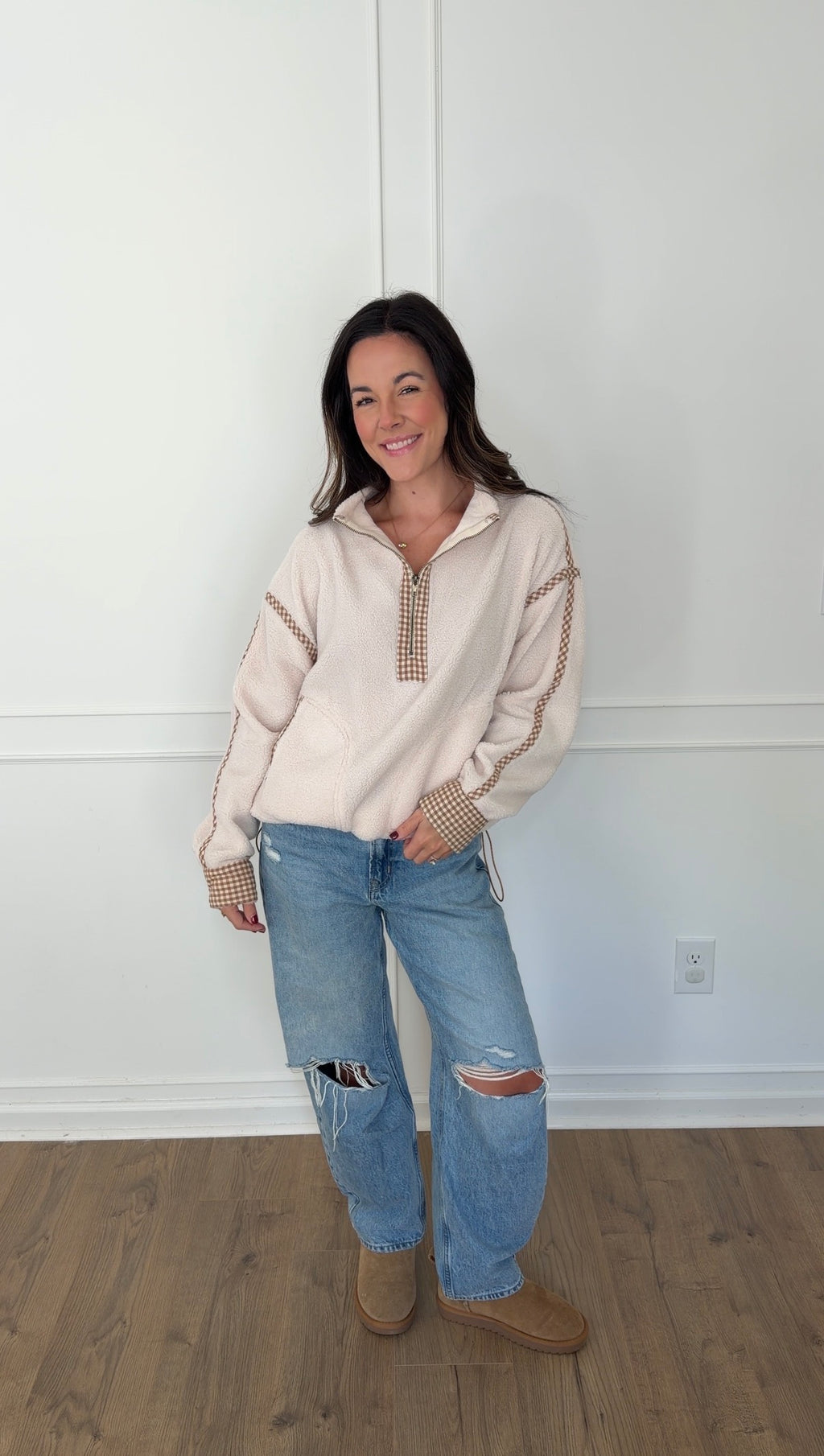 Gingham Trim Pullover - Cream