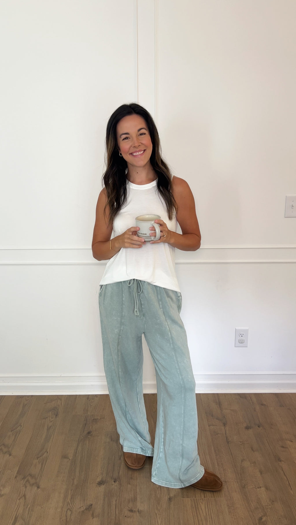 Acid Wash Wide-Leg Pants - Sage