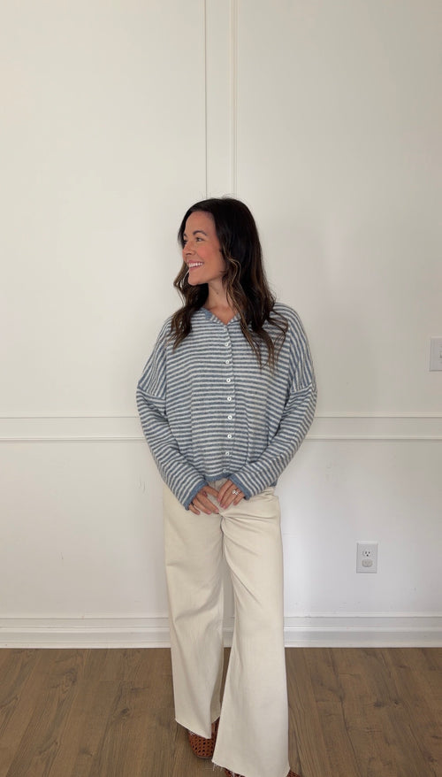 Bryce Striped Cardigan - Dusty Blue
