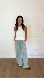 Acid Wash Wide-Leg Pants - Sage