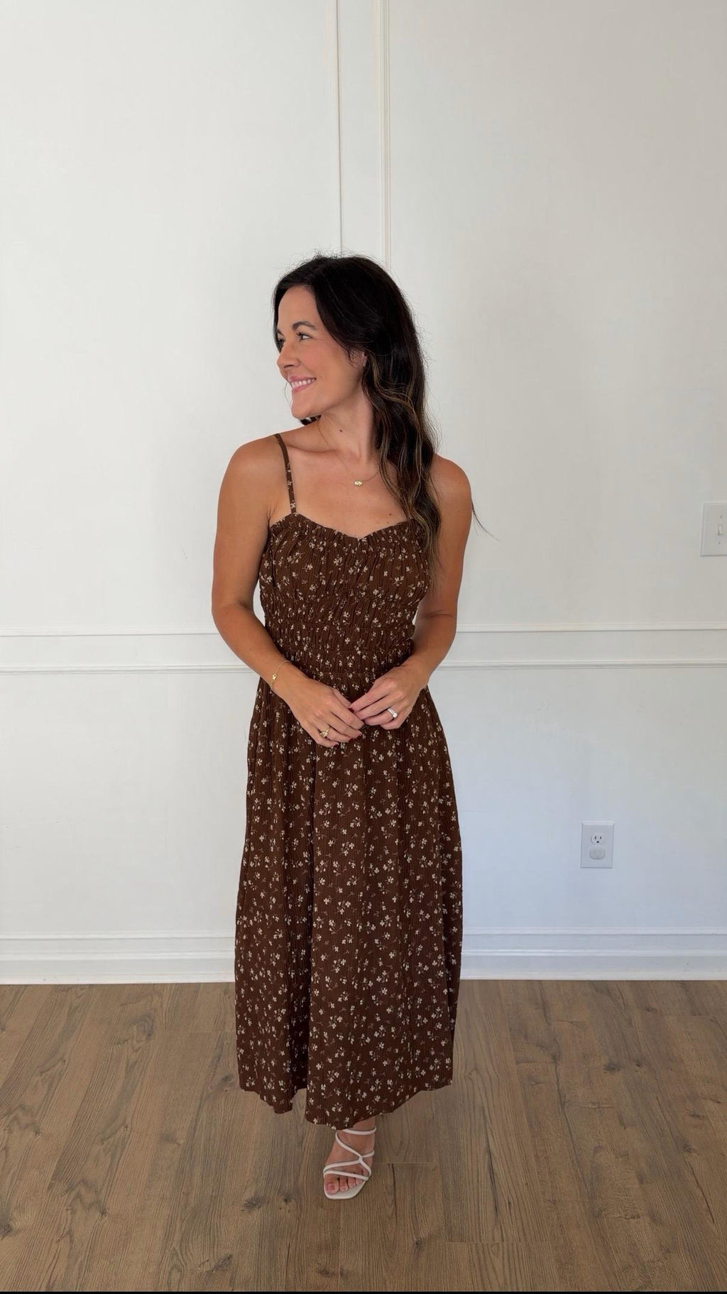 Ditsy Floral Midi Dress - Brown
