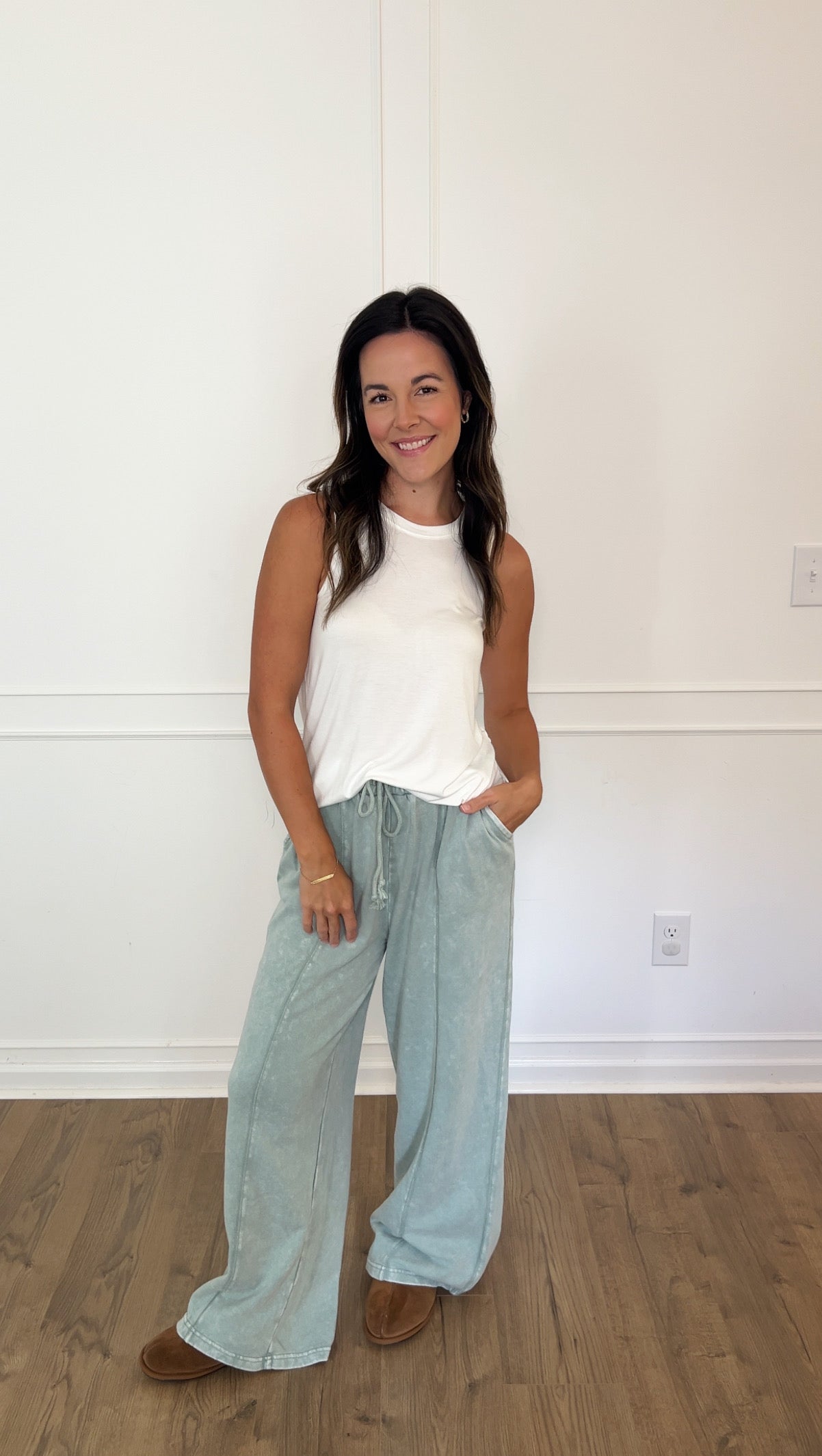 Acid Wash Wide-Leg Pants - Sage