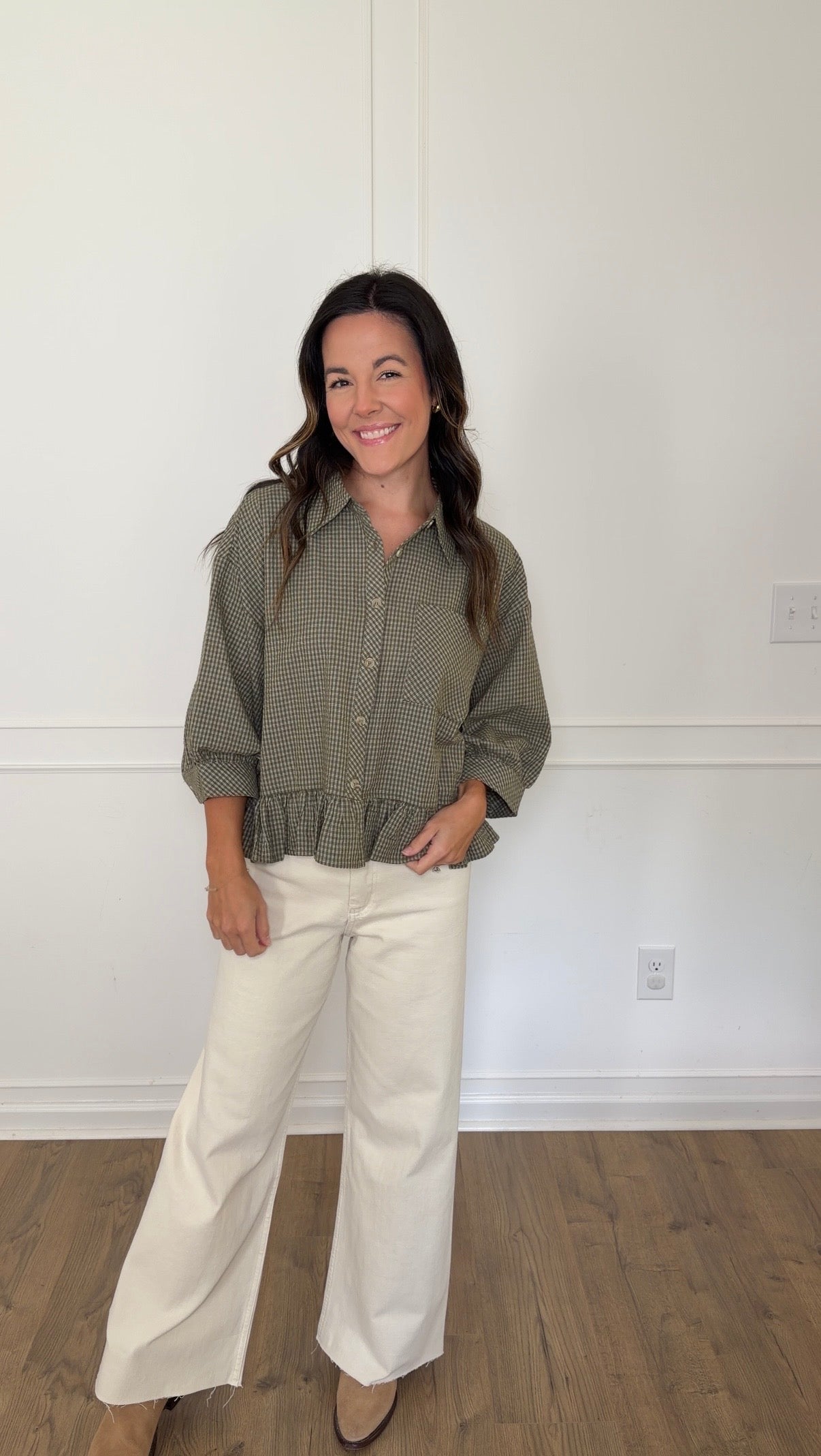 Mallory Micro Check Blouse - Olive