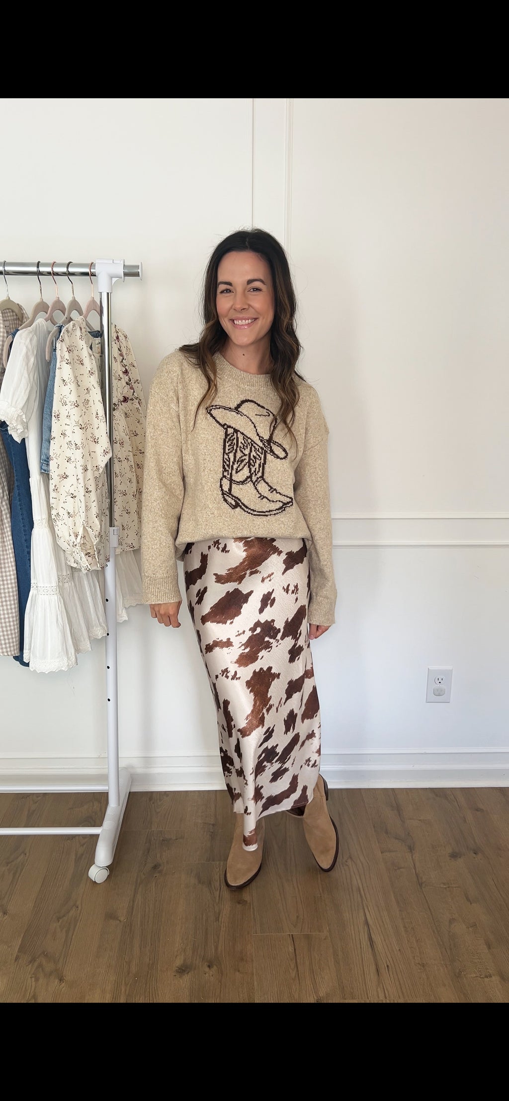 Woven Cow Print Satin Midi Skirt