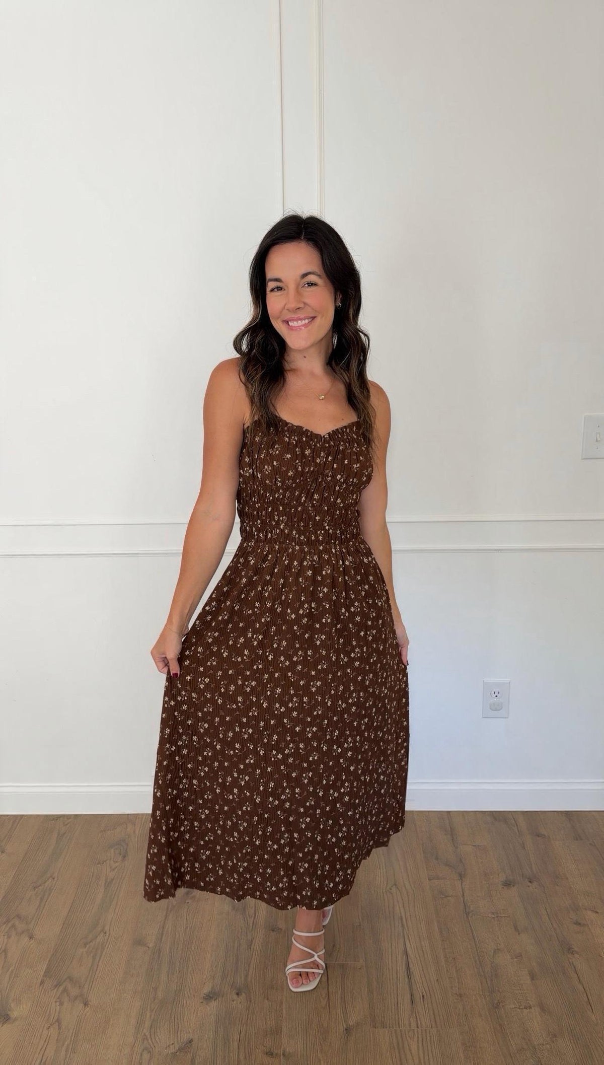 Ditsy Floral Midi Dress - Brown