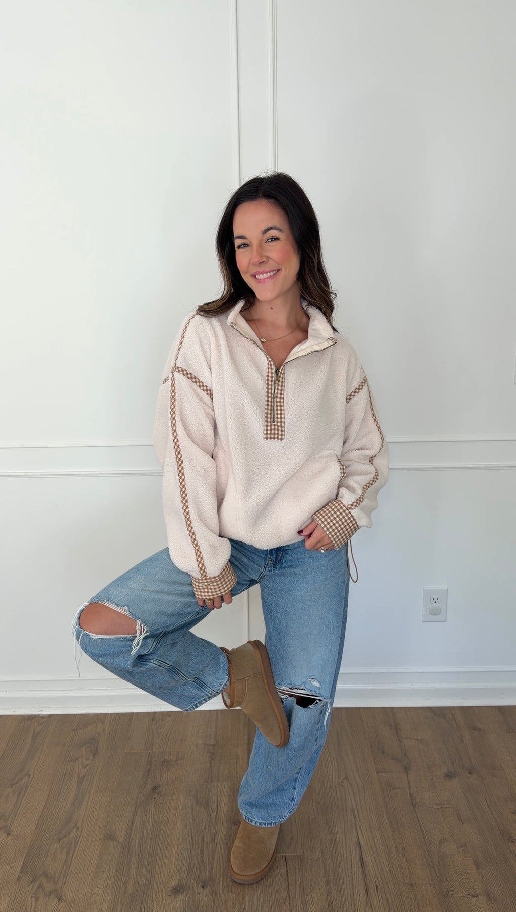 Gingham Trim Pullover - Cream