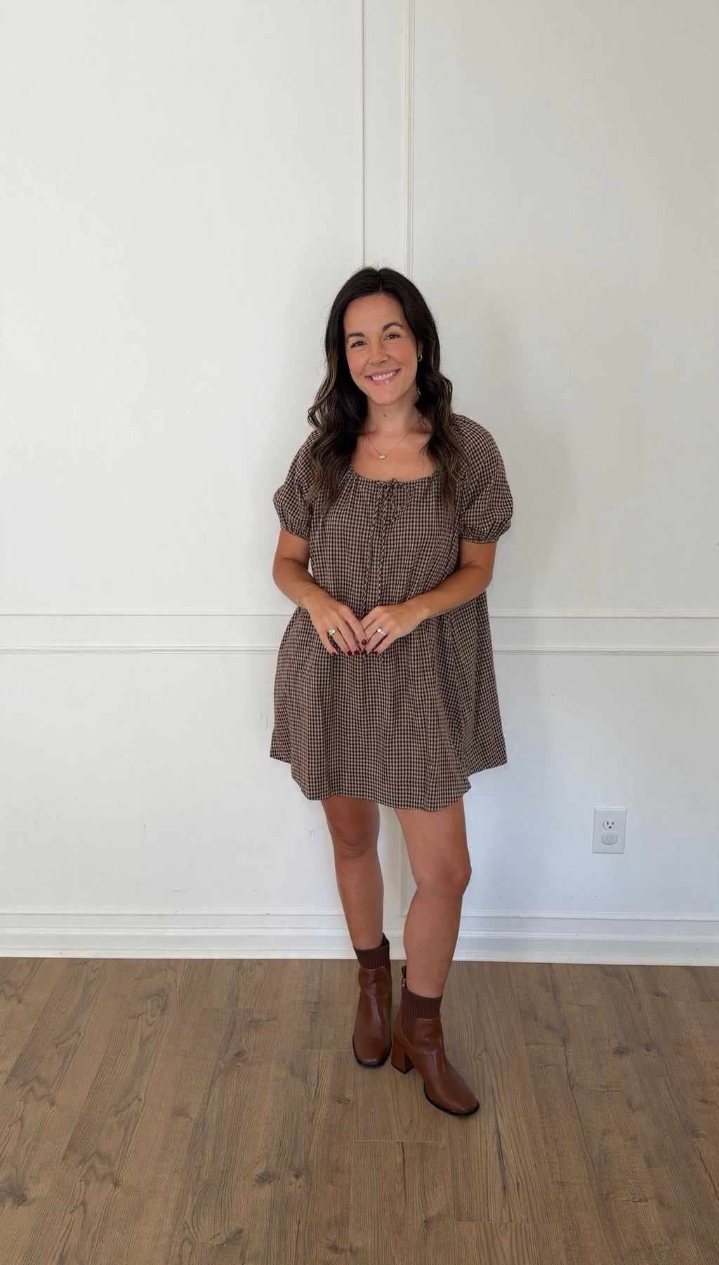 Gabby Gingham Puff Sleeve Mini Dress - Mocha