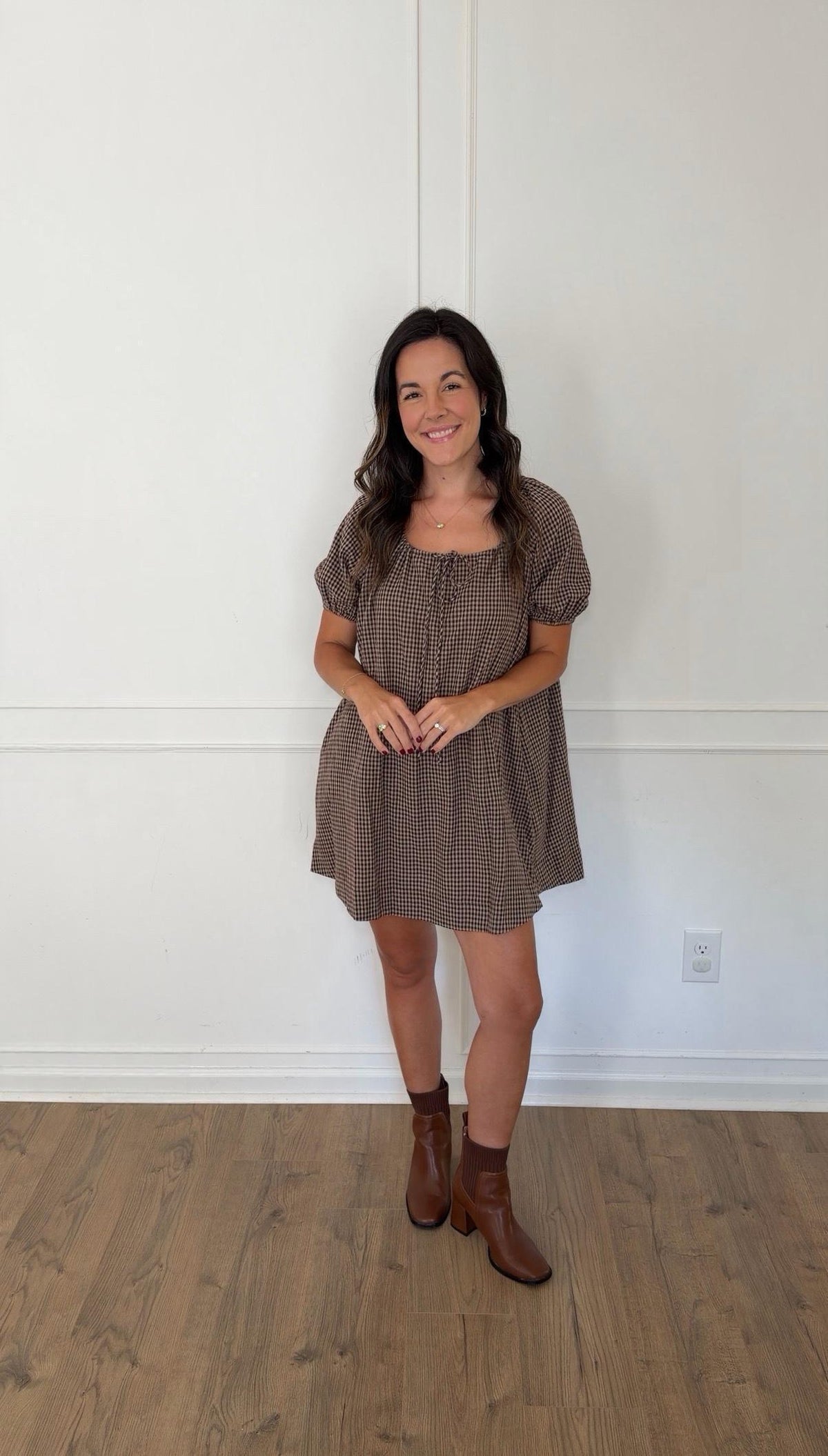 Gabby Gingham Puff Sleeve Mini Dress - Mocha