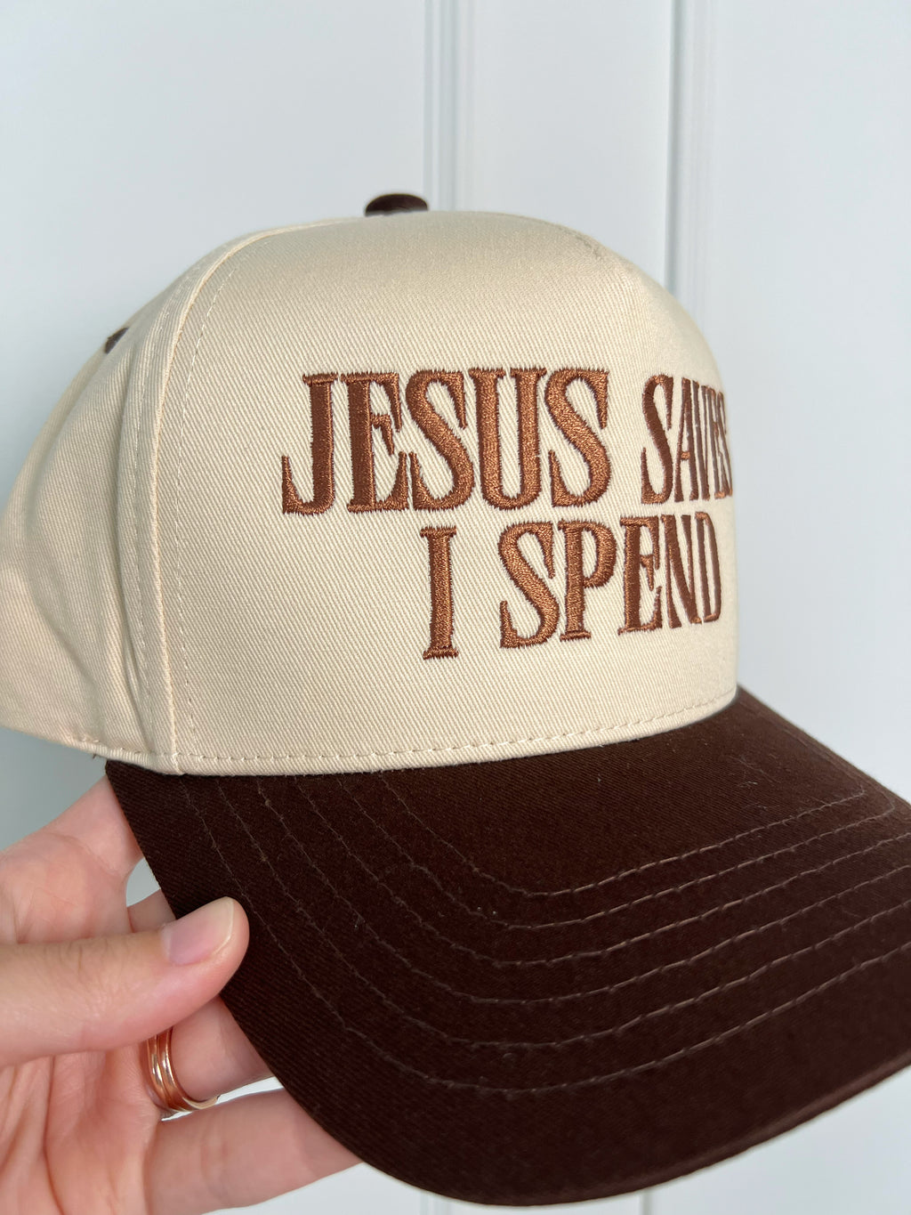 Jesus Saves I Spend Trucker Hat - Brown