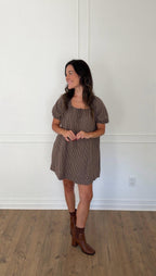 Gabby Gingham Puff Sleeve Mini Dress - Mocha