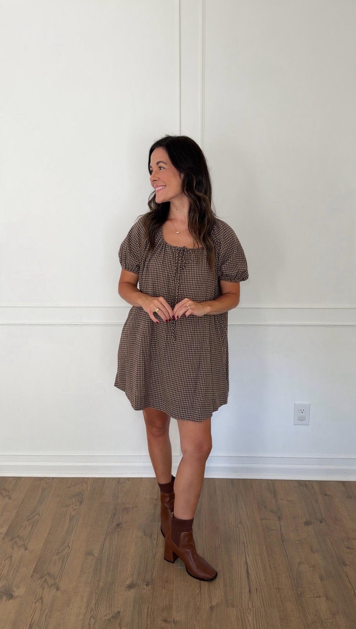 Gabby Gingham Puff Sleeve Mini Dress - Mocha