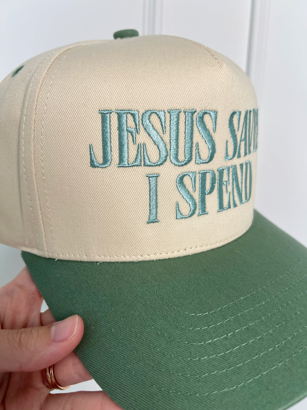 Jesus Saves I Spend Trucker Hat - Sage